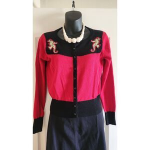 Voodoo Vixen Red Seahorse Applique Cardigan Rockabilly Tiki Retro Sweater Size M